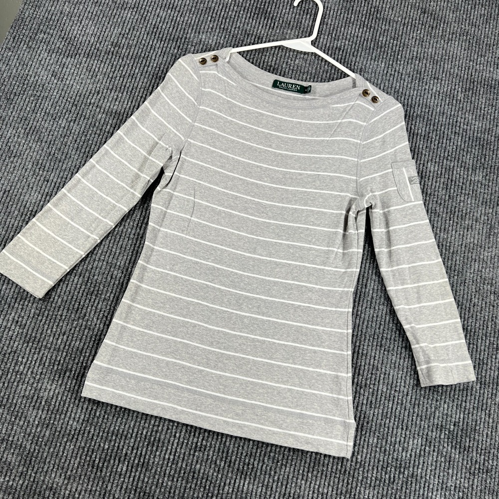 Lauren Ralph Lauren Shirt Top Womens Medium Gray Long Sleeve Striped Casual